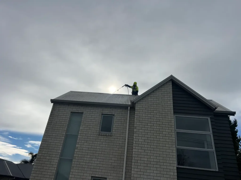 Applying roof treatment safely using professional equipment.