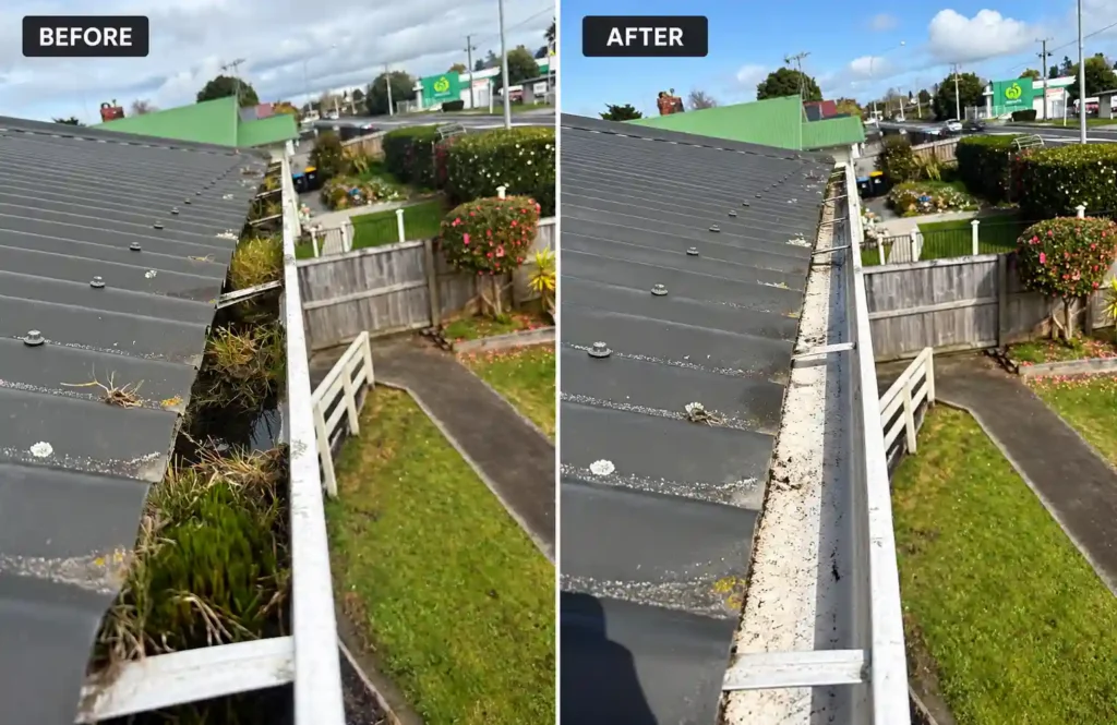 gutter clean before and after work by Sun Softwash